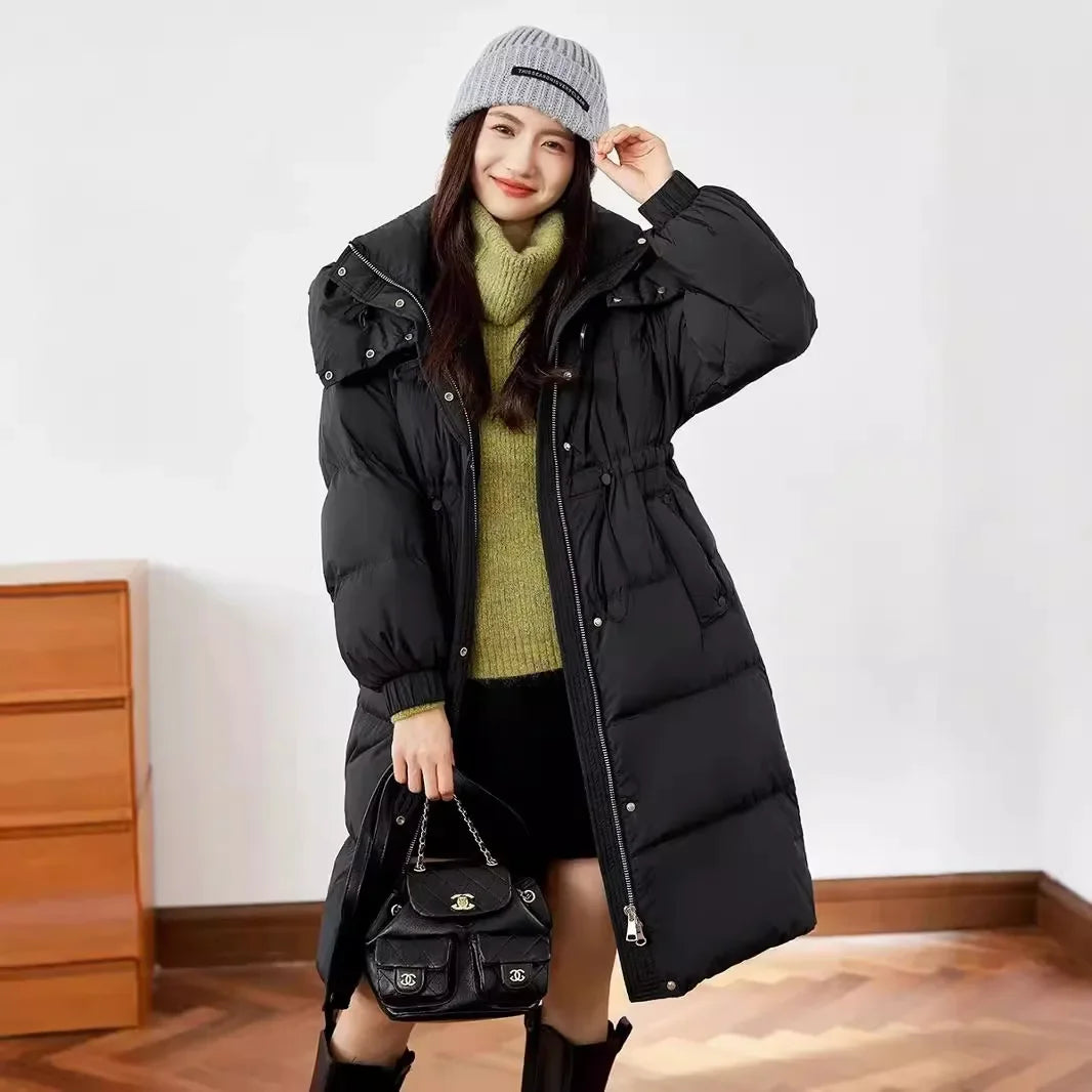 Down Jacket Women 2024 Fashion Long Stand Collar Hooded Over The Knee Down Jacket White Duck Dow on Luulla