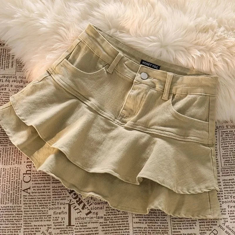 Stylish Khaki Denim Skirt with Ruffle Hem