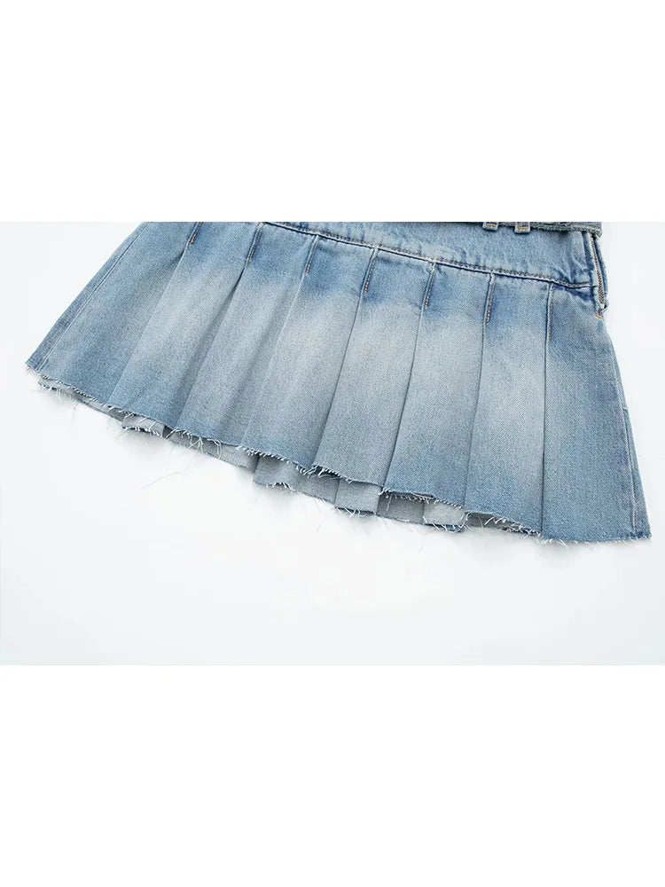 Denim belt pleated A line mini skirt