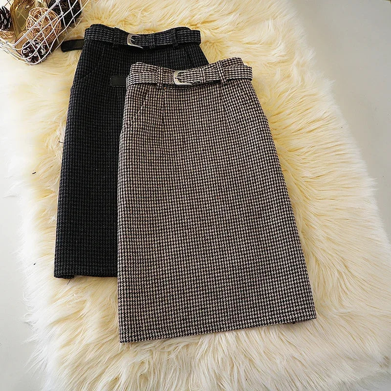 Houndstooth High Waisted Skirt With Belted Detail on Luulla