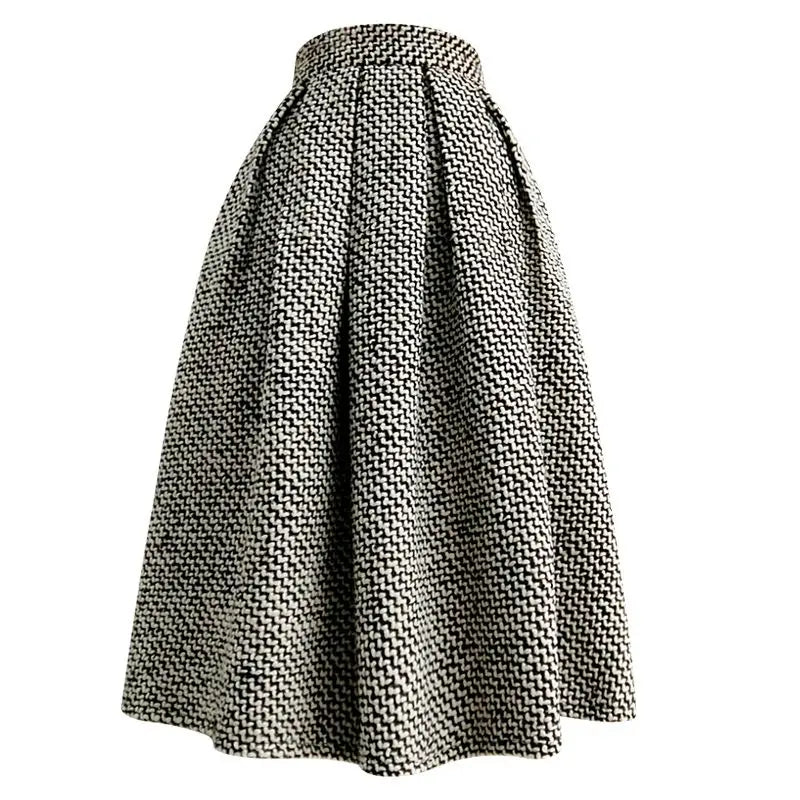 Vintage High-waisted Pleated Houndstooth Midi Skirt on Luulla