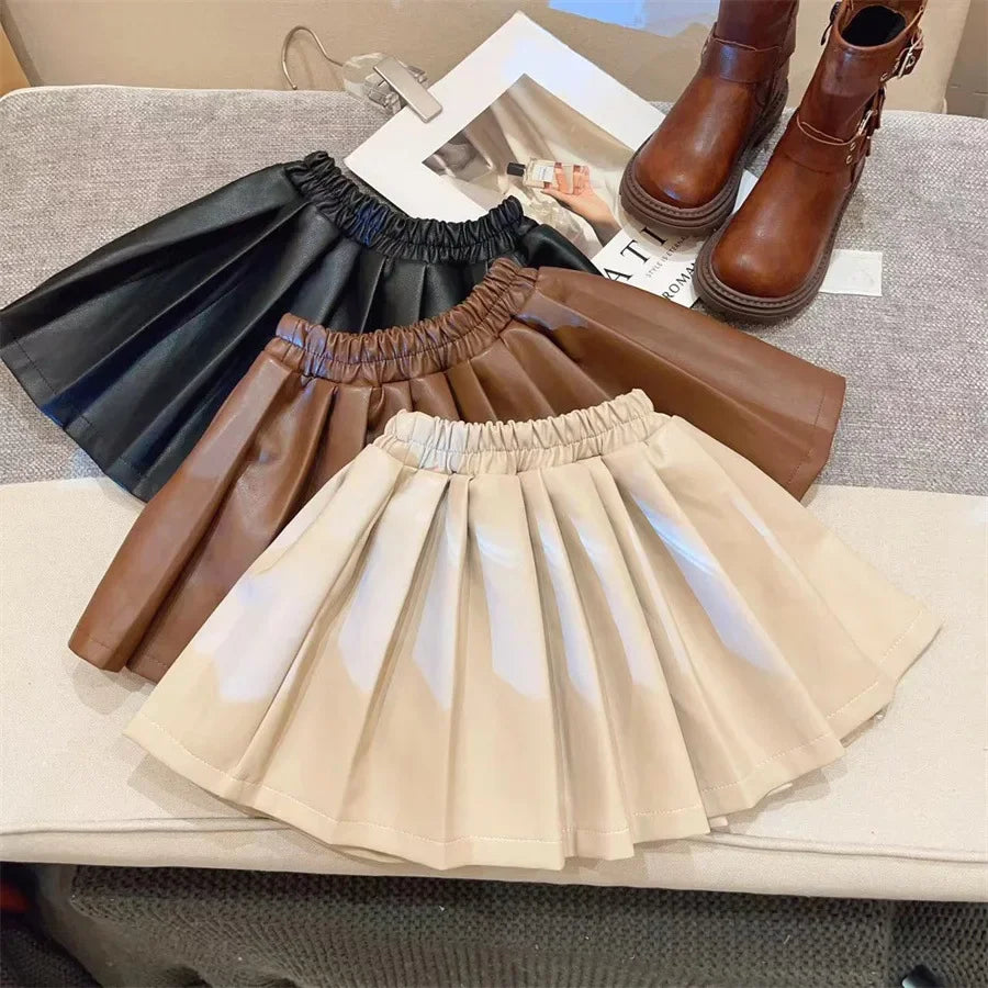 Girls Stylish Pleated Faux Leather Skater Skirt