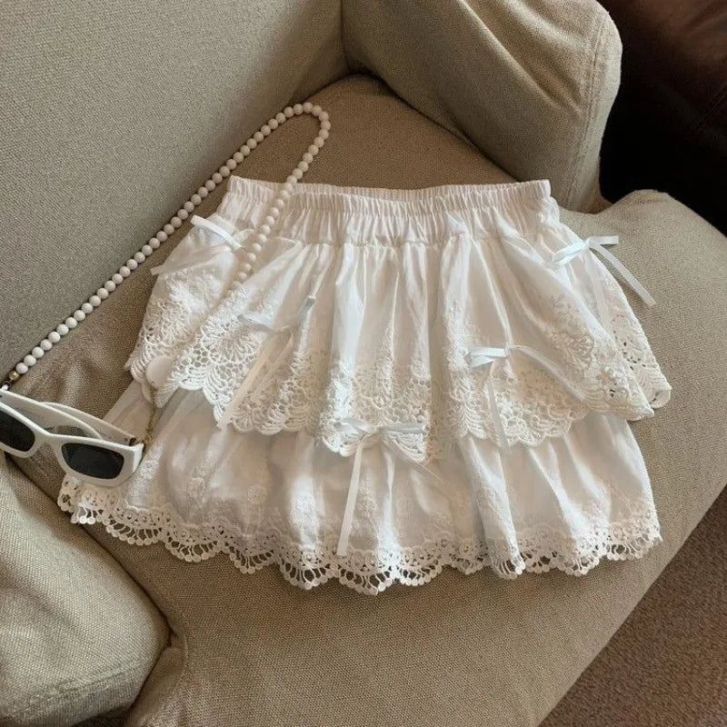 Lace Trimmed Layered White Ruffle Mini Skirt on Luulla