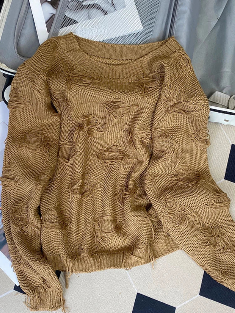 Stylish Brown Distressed Knit Sweater For Men