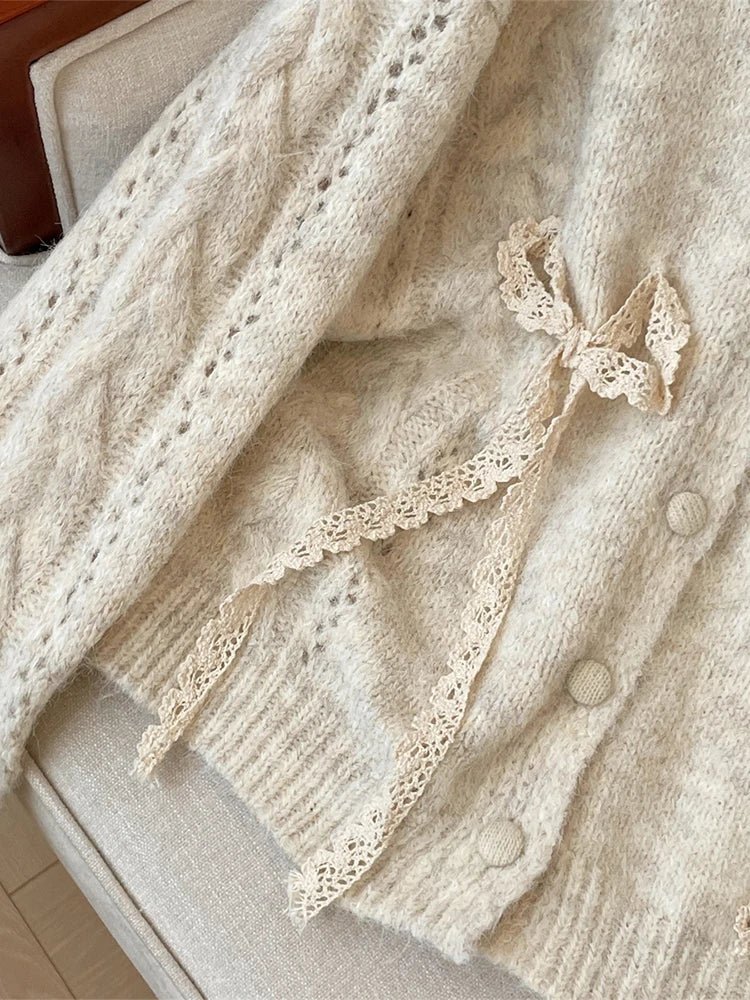 Fluffy Ribbon Bowtie Knit Cardigan main image 1