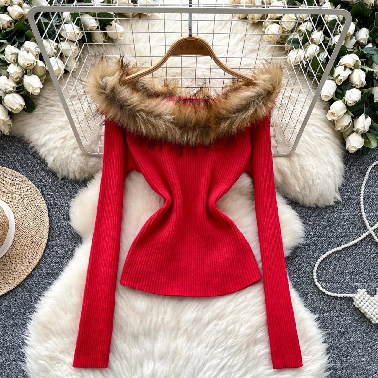 Luxe Red Furry Off-shoulder Long Sleeve Top on Luulla