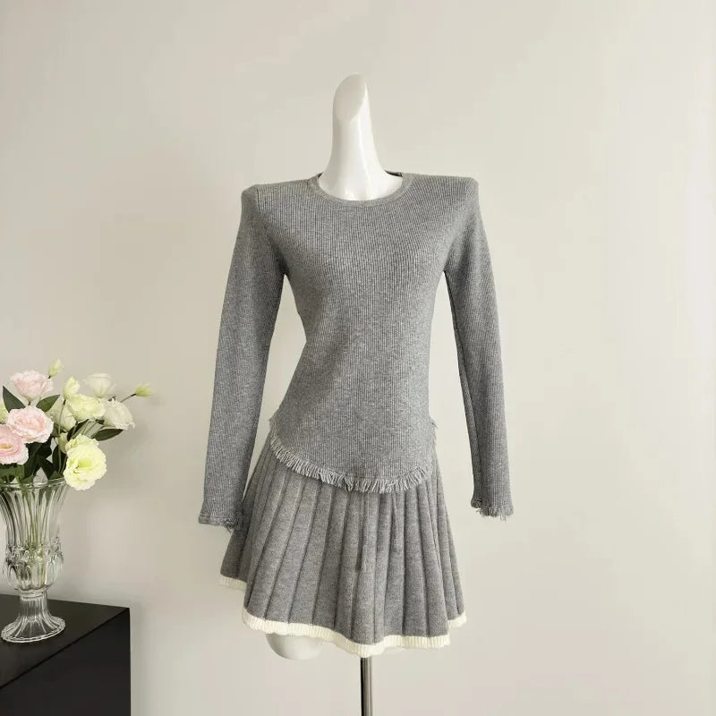 pleated skirt sweater dress 2 Piece Set Women's Winter Fall Two Piece Sweater Set Cotton Knitted Lapel line swing Dallas Waist Belt Pleated Sweater