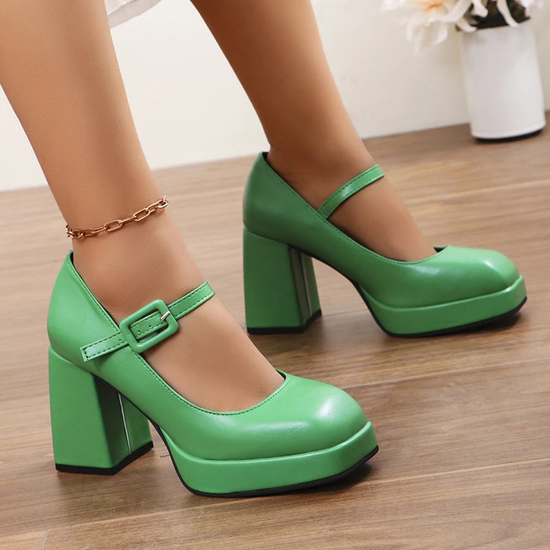 Chunky Green Mary Jane Shoes with Strap