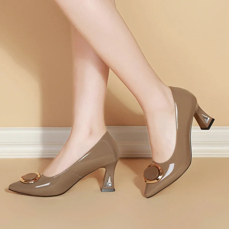 Womens Taupe Patent Leather Block Heel Shoes