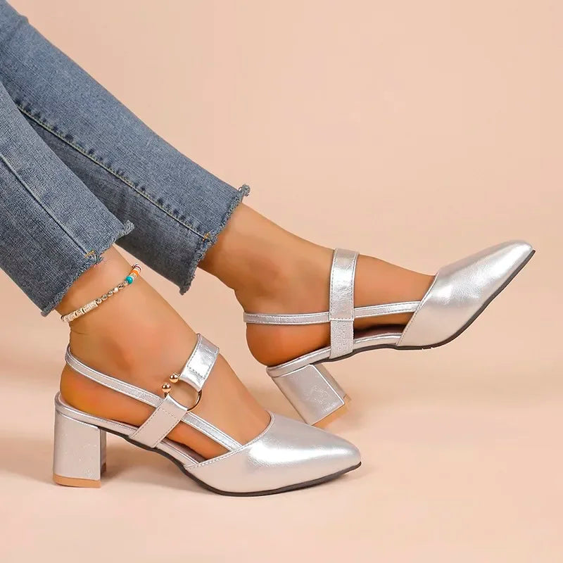 silver dress shoes with block heel Shiny Silver Block Heel Strappy Dress Shoes