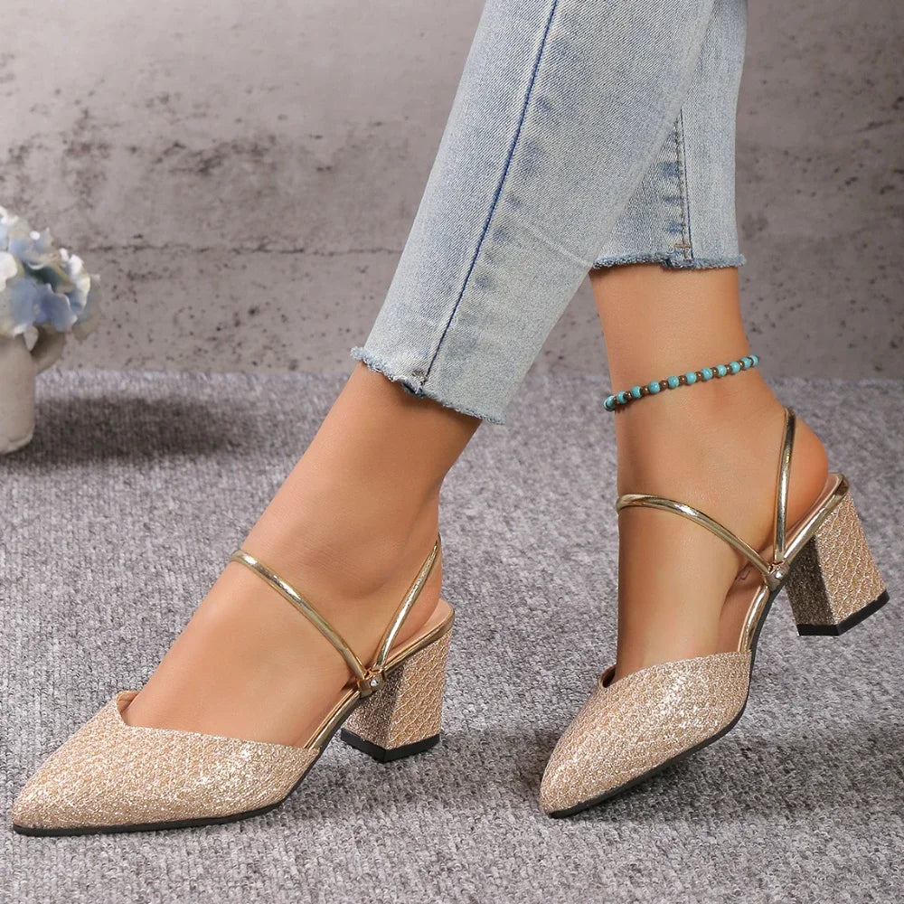 Sparkly Gold Block Heels With Strappy Design