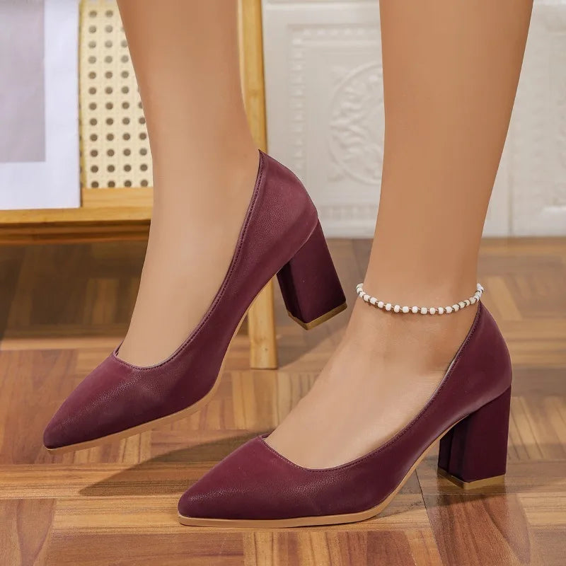Burgundy Block Heel Almond Toe High Heels