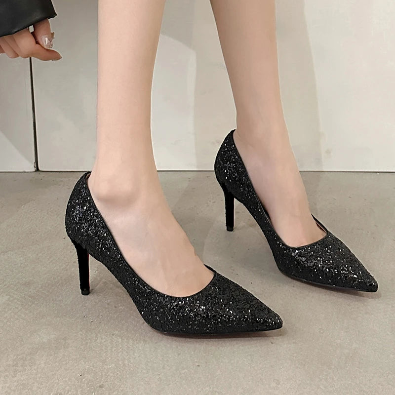 Glittery Black Stiletto Heels With Pointed Toe on Luulla