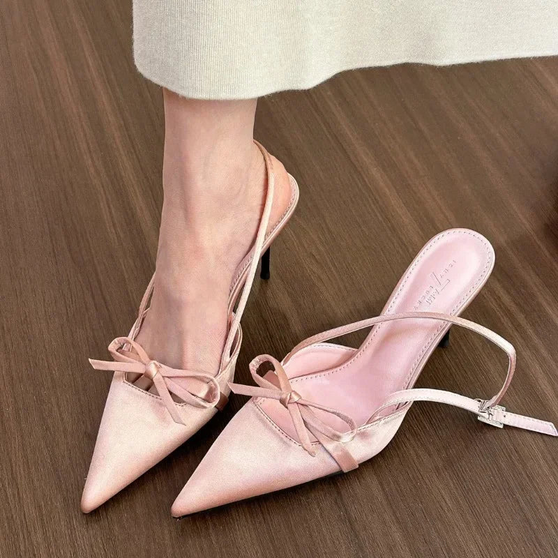 Satin Pink Pointed-toe Heels With Bows