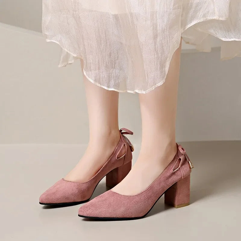 Pink Suede Block Heel Bow Tie Pumps