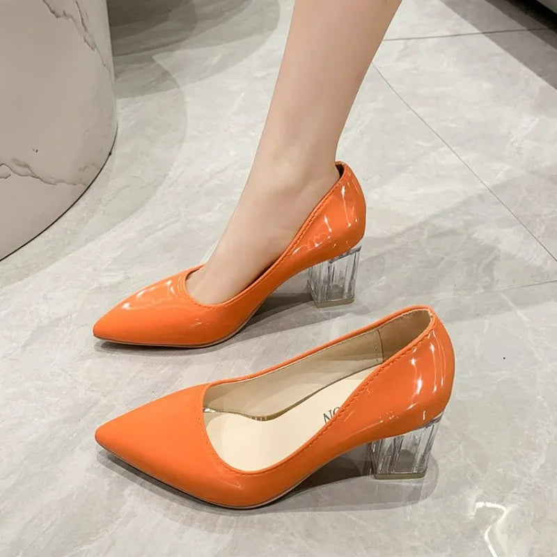 Orange Patent Block Heels With Transparent Heels on Luulla