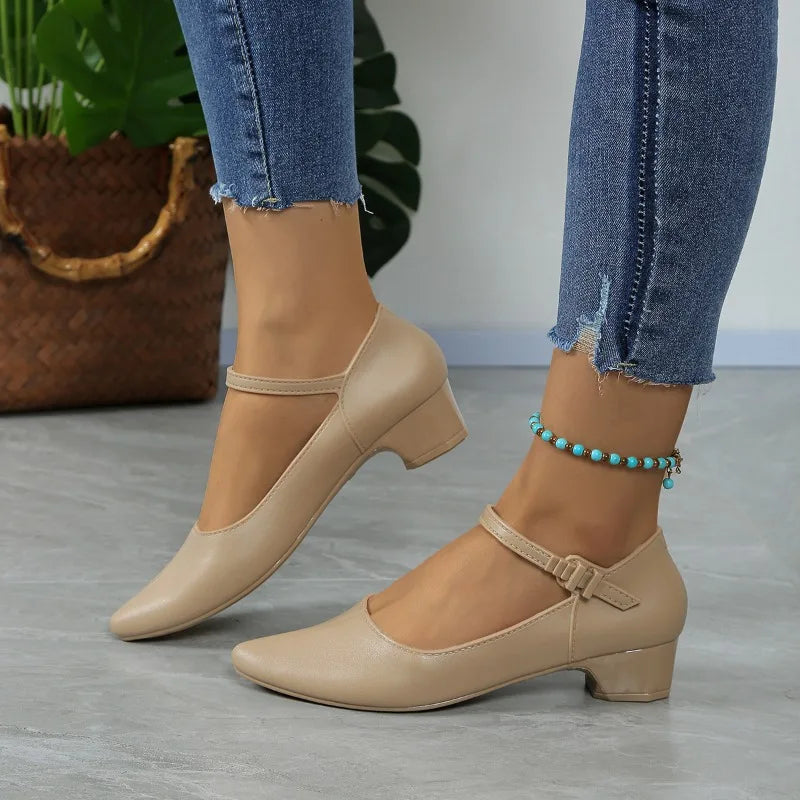 Comfortable Beige Mary Jane Low Heel Shoes