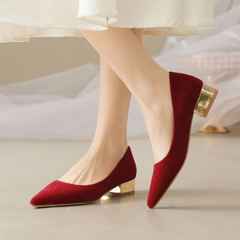 Velvet Red Heels With Gold Block Heel on Luulla