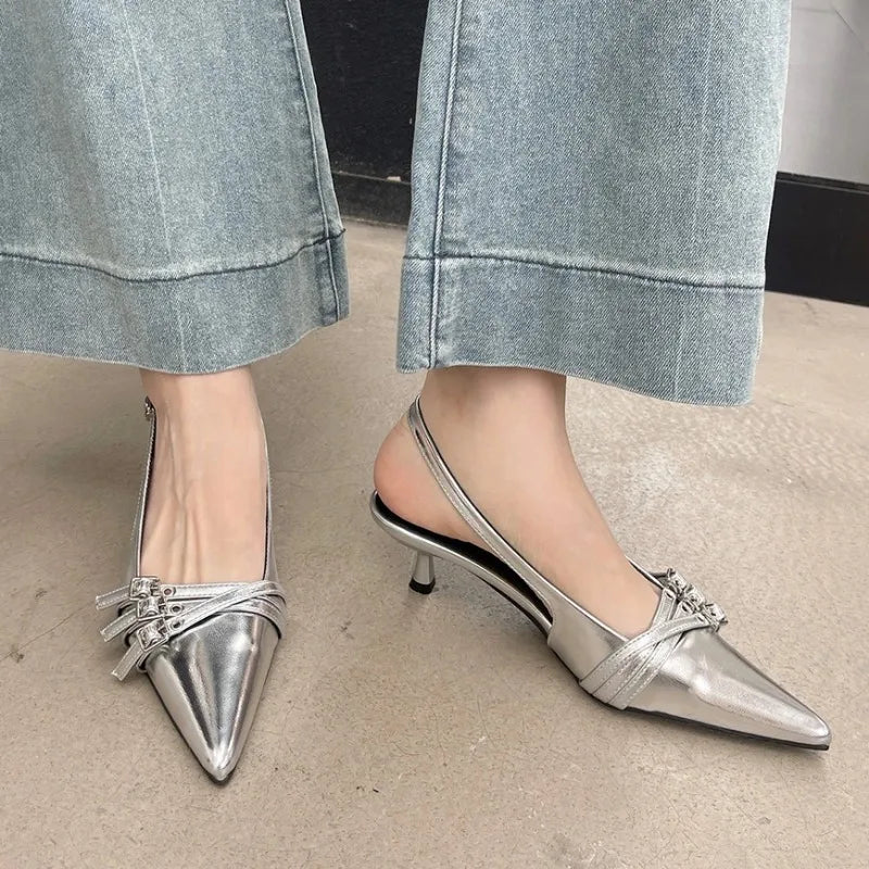 kitten heel silver dress shoes Silver Pointed Toe Slingback Kitten Heel Pumps