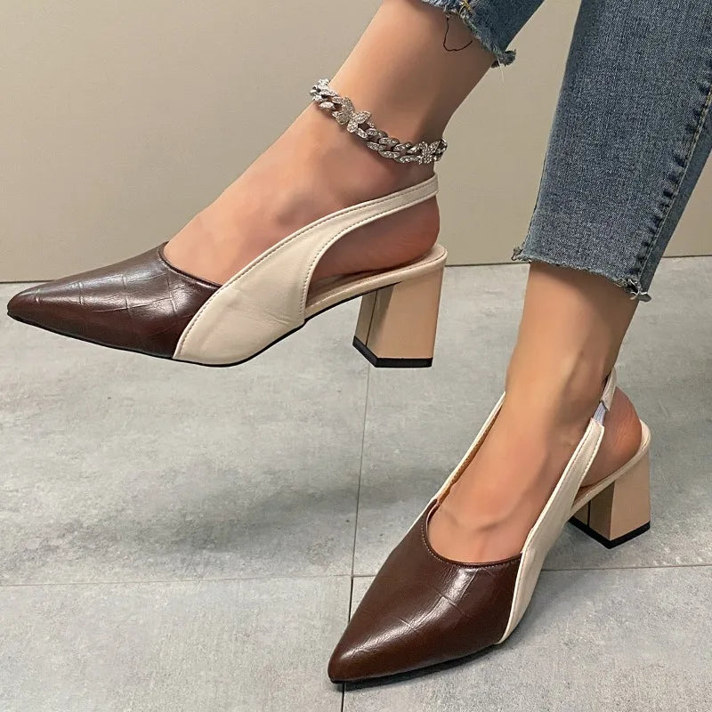 Brown Leather Slingback Heels With Block Heel