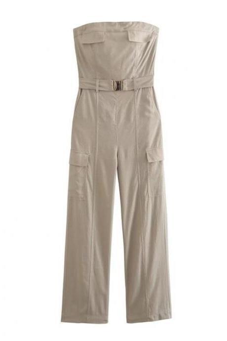 Personality Trend One-line Collar Jumpsuit High-waisted Solid Pants Summer Slacks With Belt Loose Casual Pants