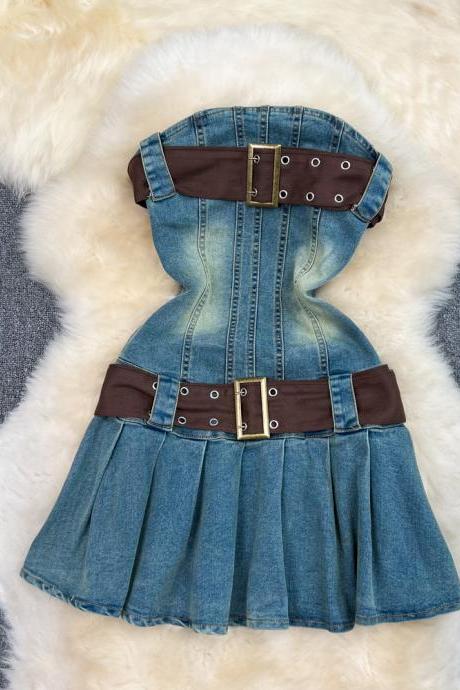 Vintage Style Strapless Denim Dress Pure Waist Slimming One Line Shoulder Spice Pleated Skirt