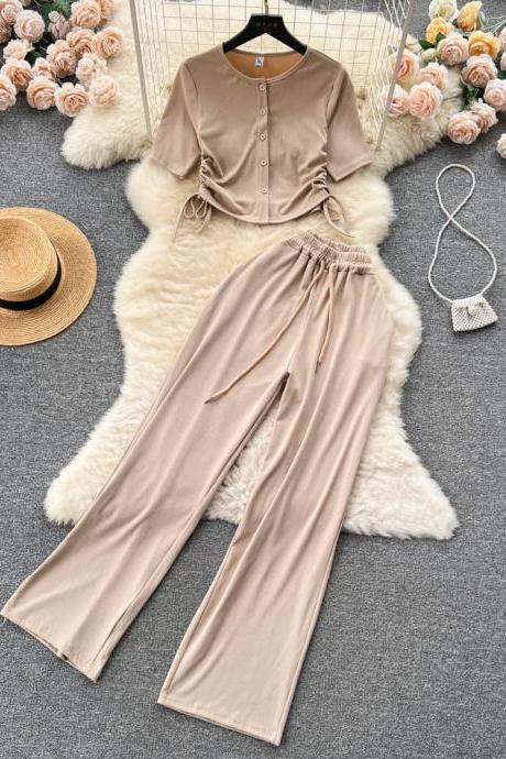 Drawstring Cardigan Short-sleeved T-shirt High-waisted Wide-leg Trousers Two-piece Set