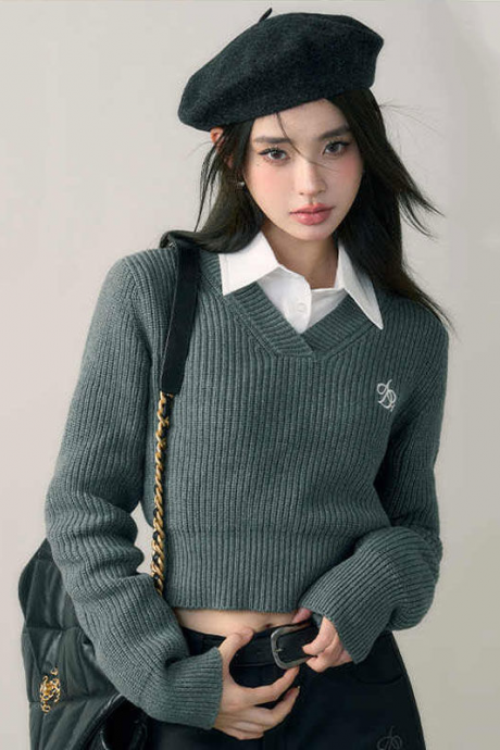 Harajuku Basic Black Cropped Sweater Women Vintage Korean Style Slim Gray Long Sleeve Knit Jumper Female Preppy Fashion