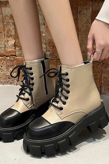 Women Boots Women's Autumn Fashion British Style All-match Retro Matte Lacquer Stitching Thick-soled Ankle Boots