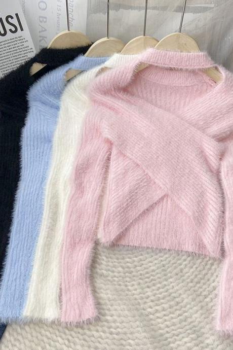 Soft Pastel Knit Sweater With Asymmetrical Neckline