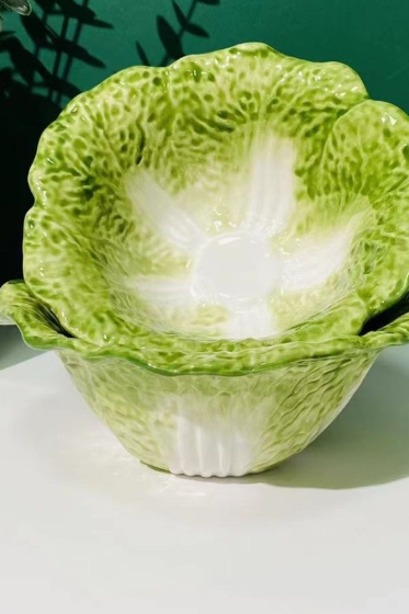 Hand-painted Cabbage Shape Ceramic Underglaze Color Multi-color Flower Shape Fruit Salad Noodle Bowl Rice Bowl Two Pieces A Set