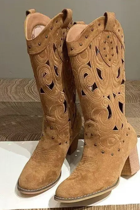 Thick heel embroidered Western cowboy boots 2023 new cowhide fleece sleeve hollow knight boots embroidered fashion boots for women