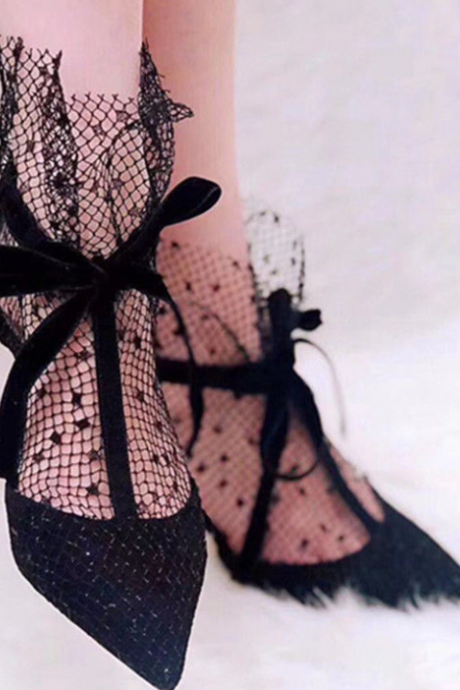 Spring And Summer Black Mesh Sexy High Heels Women's Thin Heel Pointy Tie With Bow Hollowed Out Shallow Mouth Single Shoes