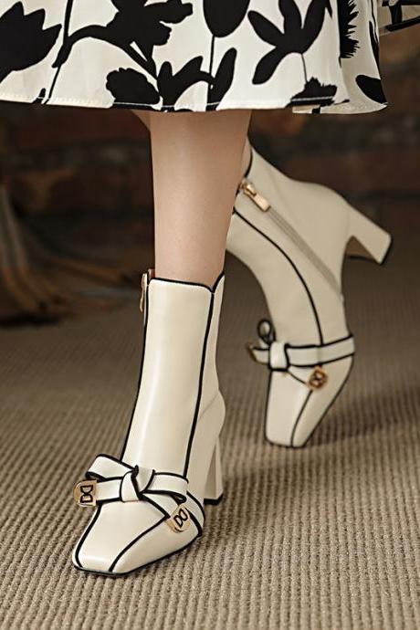 Autumn Winter High Heels Ladies Shoes Pumps Sweet Lady Bow Real Leather Ankle Boots Chunky Heel Riding Boots Women
