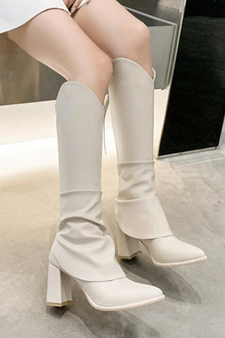 White Women&amp;#039;s Knee High Boots Fashion Pointed Toe High Heel Boots For Women Winter Warm High Boots