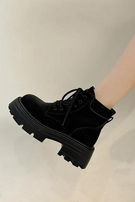 Women's Fashion Platform Boots Autumn Round Toe Lace Up Shoes Non-slip Thick-soled Comfort High Heels