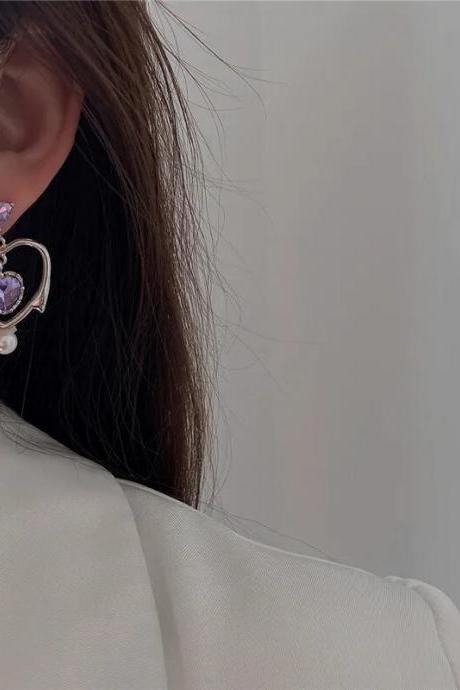 Vintage Harajuku Purple Crystal Heart Hollow Metal Pendant Earrings For Women Egirl Bff Aesthetic Jewelry Accessories