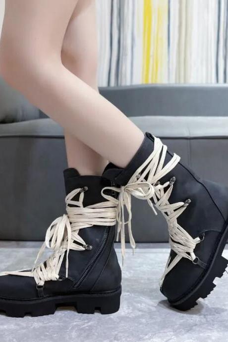 High Quality Cross-tied Women's Boots Fashion Solid Modern Boots Women Hot Sale Round Toe Mid-Calf Boots