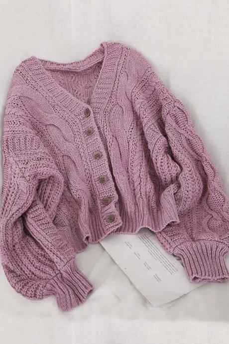 Autumn Winter Women&amp;#039;s Cardigan Korean Style The Retro Solid Color V-neck Knitted Cardigan Loose Short Twist Sweater
