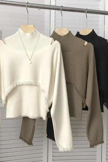 Korean Sweater Pullover Versatile Long Sleeved Knit Half High Collar Vest And Two-piece Set Spring Solid Pullover Sweater Female