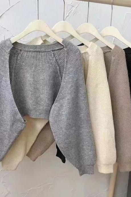 Women's Breathable Cardigan Bishop Sleeve Autumn Versatile Sweater Ultra Short Fashionable