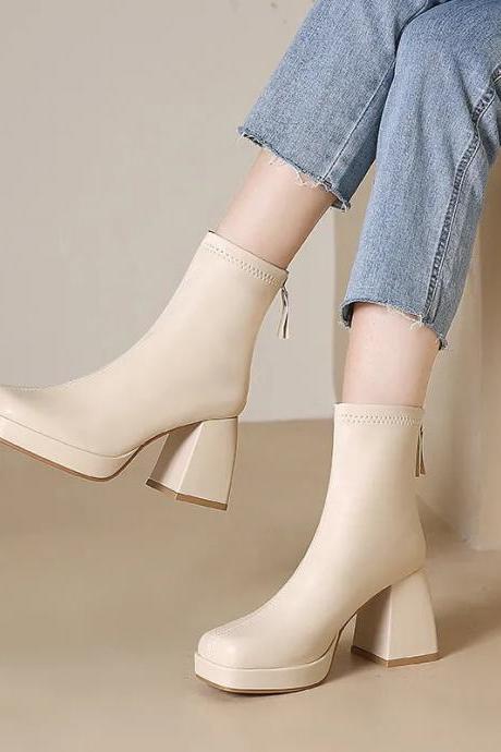 Beige Women Ankle Boots Platform Square High Heel Ladies Short Boots Patent Pu Leather Round Toe Women's Boots