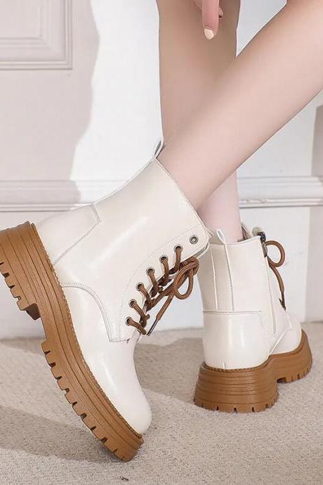 Side Zip Ladies Ankle Boots Winter Platform Women's Boots Solid Casual Boots Women Round Toe Lace-up Med Heel Female Shoes