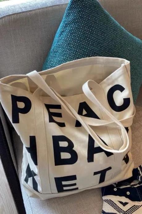 Women Canvas Shoulder Bag Letter Printing Ladies Casual Handbag Tote Bag Large Capacity Cotton Reusable Shopping Beach Bag
