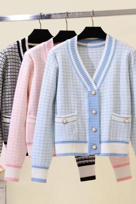 Short Cardigan Women's Sweater Coat Autumn And Winter Style Outer V-neck Loose Plaid Top All-match Casual