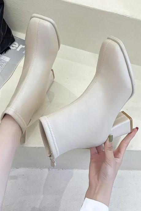 Women&amp;#039;s Back Zipper Beige High Heels Ankle Boots Winter Female Square Toe Chelsea Boots High Quality Mid Heel