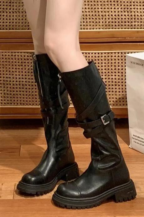 High Quality Shoes For Women Zipper Women Boots Winter Round Toe Solid Tall Barrel Chunky Heel Fashion Boots
