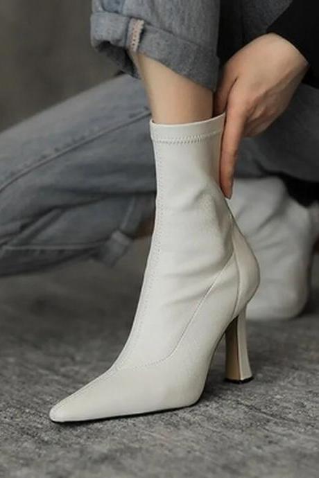 Solid Color Side Zipper High Heel Ankle Boots Thin Boots Pointed Thin Heel Ankle Boots Women&amp;#039;s Shoes Rubber