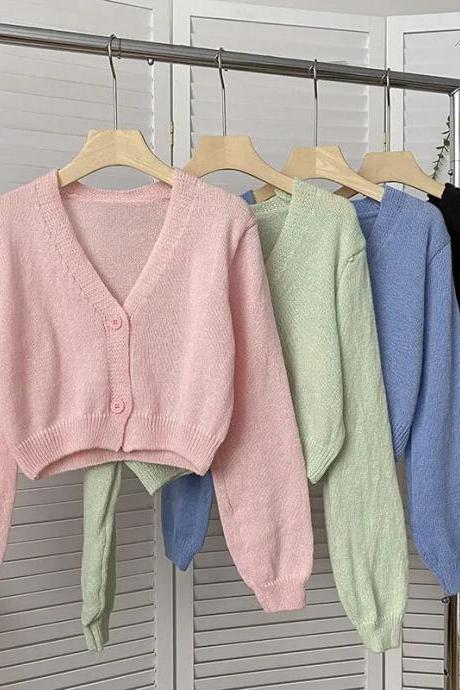 Women Cardigan Sweater Knitted Cropped Korean Short Long Sleeve Crop Top V Neck Fashion Clothe