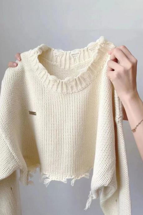 Y2k Aesthetic Harajuku Casual Crop Sweater Hole O Neck Autumn Pullover Korean Fashion Grunge Knitted Irregular